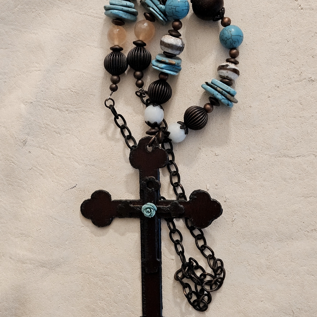 Vtg Artisan Crafted Cross Fashion Necklace Rustic Prayer Rosary Mix Media 38L 59$